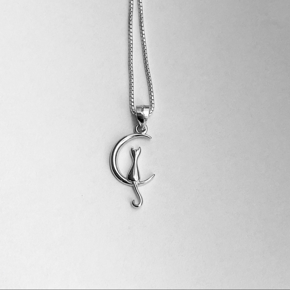 Sterling Silver Cat on Moon Necklace, Cat Necklace, Animal Necklaces, Kitten